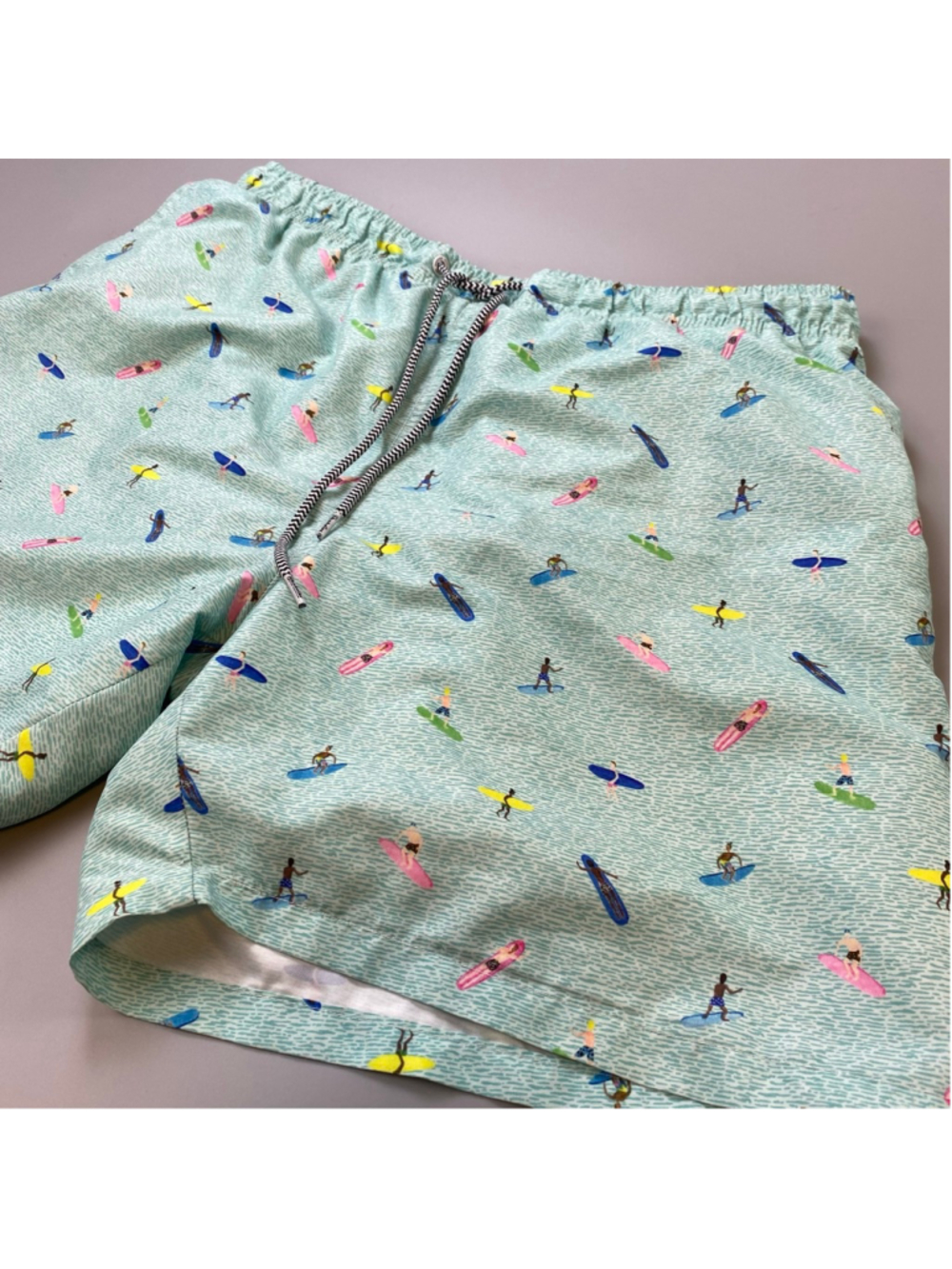 Boardies Swim Trunks XL Teal Micro Surfer Print California Retro Beach Preppy